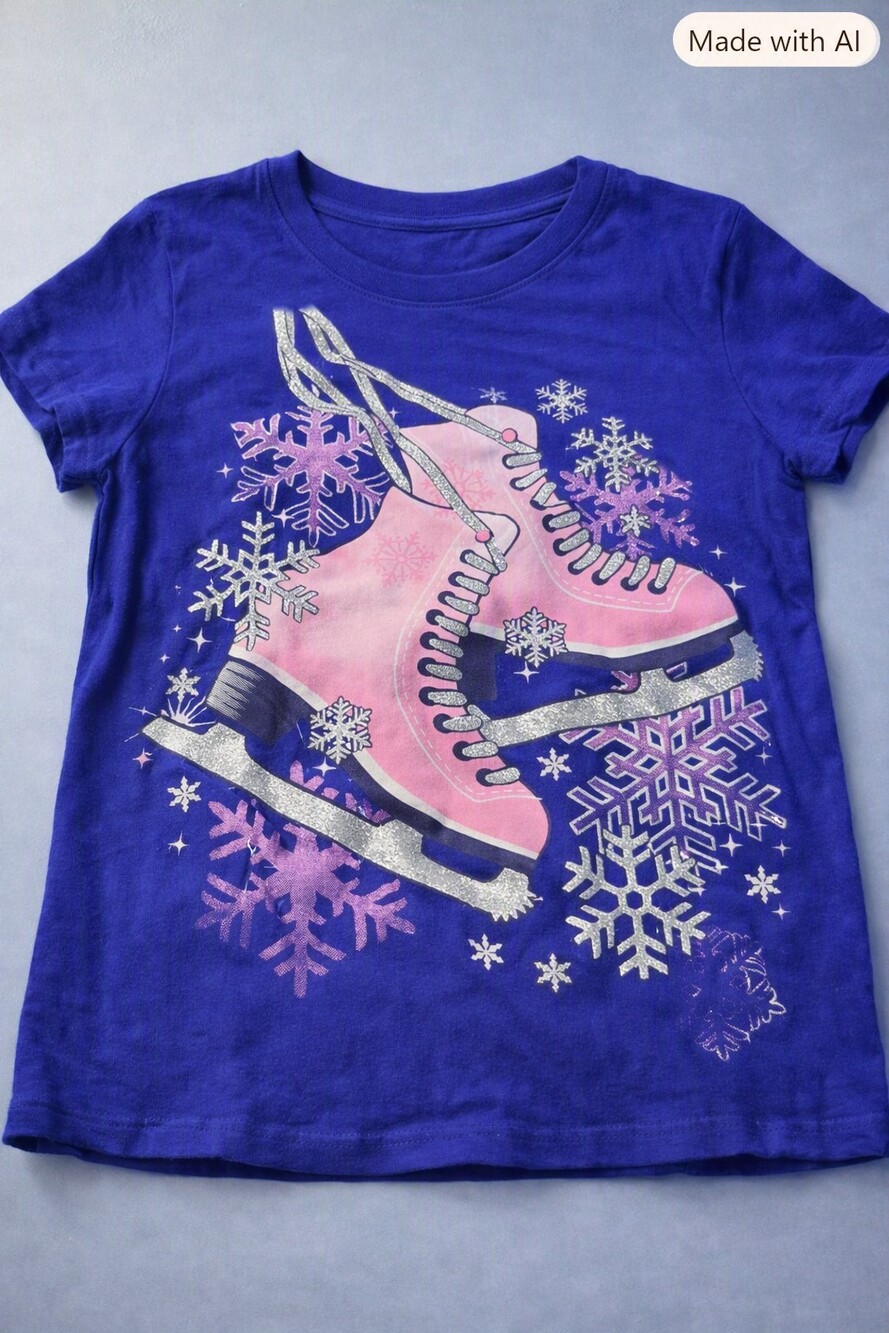 PLACE Size 6/7 Purple Short Sleeve T-Shirt with Pink Ice Skate Graphic